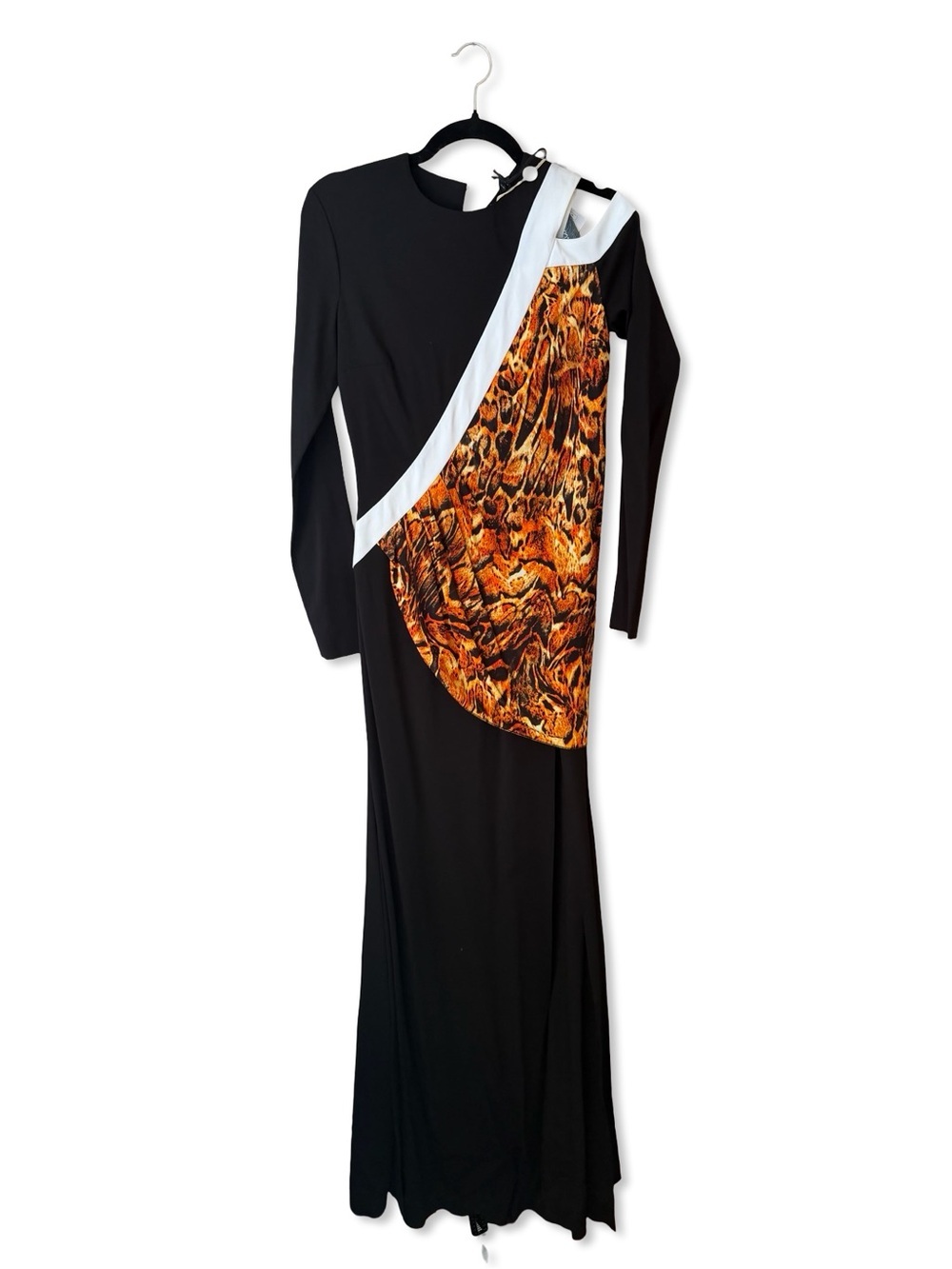 Just Cavalli Black Long-Sleeve Maxi Dress animal print White Trim $1305 Sz 42 8